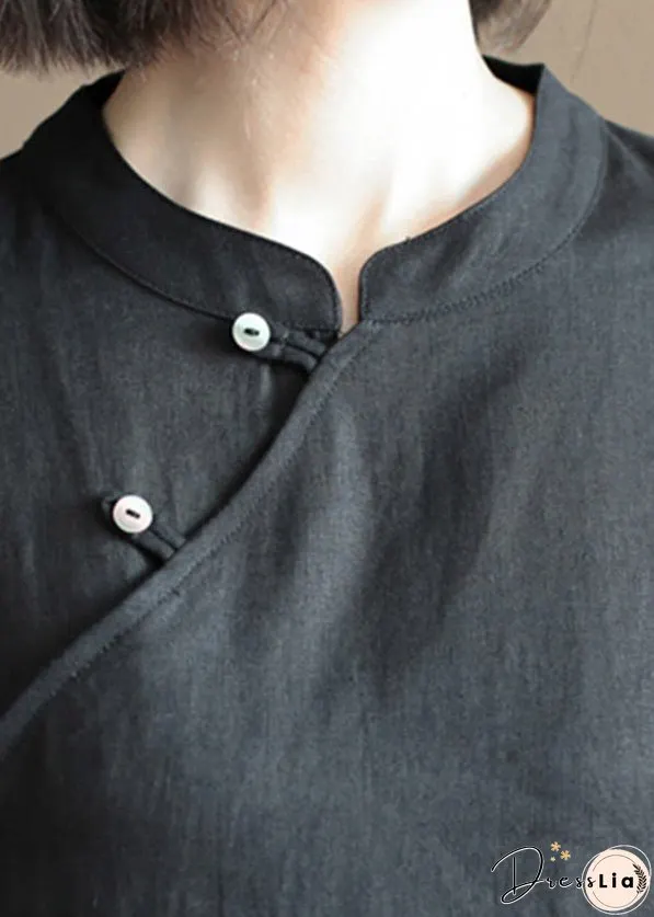 Vintage Solid Black Mandarin Collar Button Linen A Line Dresses Short Sleeve