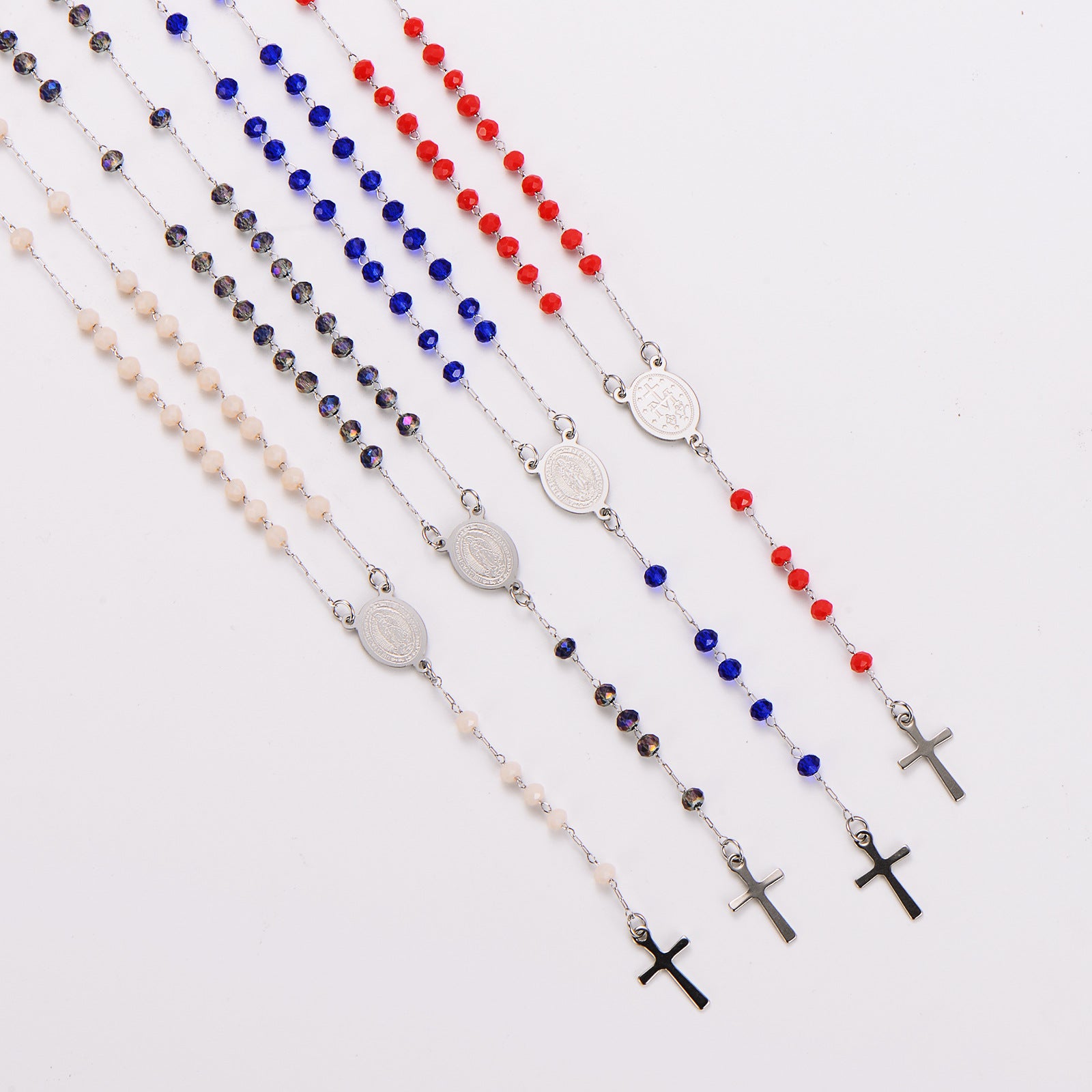 Aml Dopamine Color Crystal Beads Double-Sided Catholic Saint Benedict Portrait + Holy Medal Stainless Steel Long Necklace