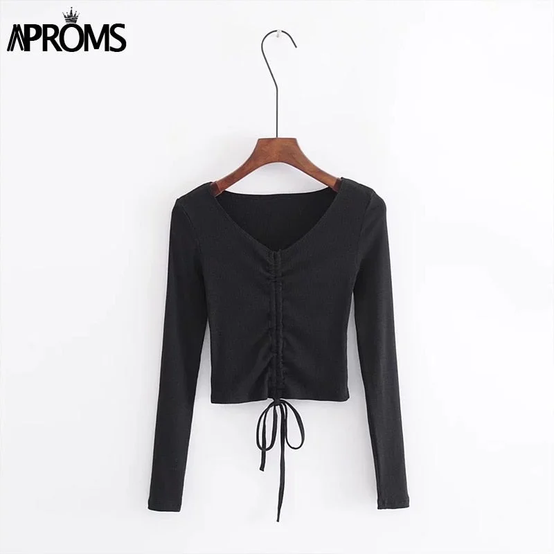 Aproms Sexy V Neck Ribbed Cropped T-shirt Women Elegant Drawstring Tie Up Ruched Tshirt Streetwear Solid Slim Crop Top 2021 New