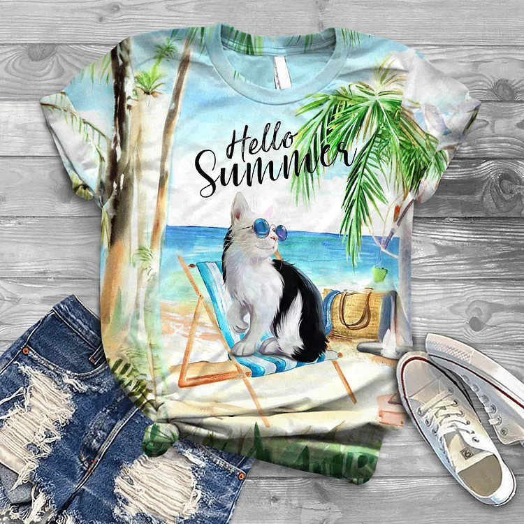 Summer Hawaii Seaside Vacation Cat Print Short-sleeved T-shirt