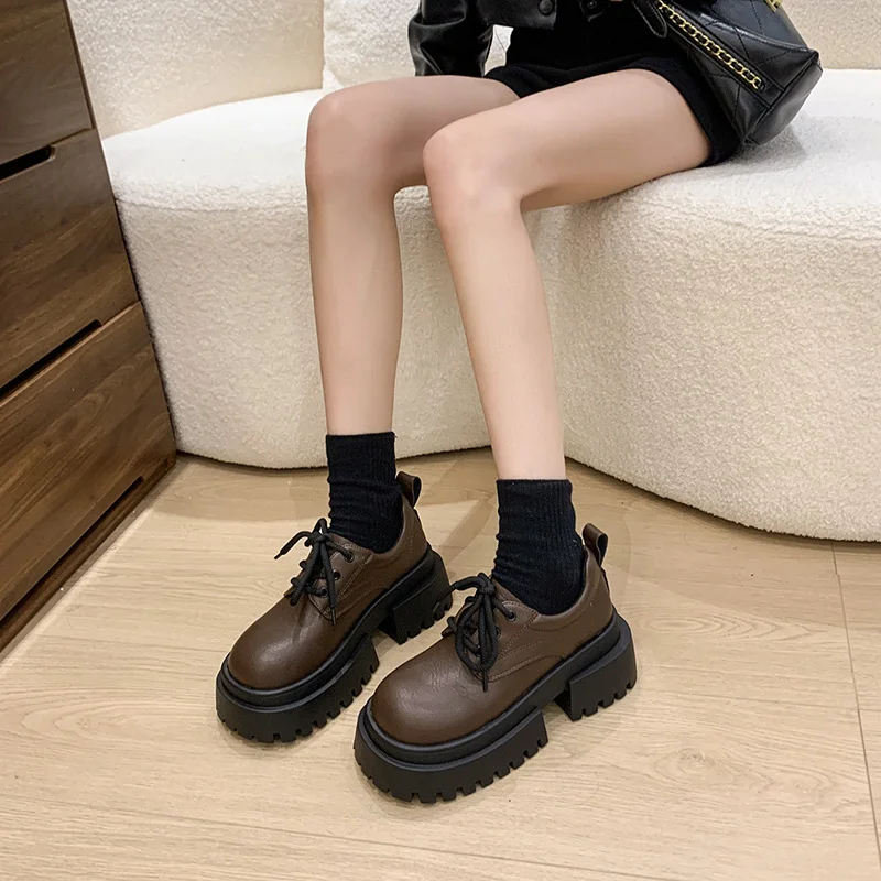 Yyvonne Women's Shoes Spring And Autumn High-End Thick-Skin Thick-Heeled Small Leather Shoes Ladies Light Mouth Retro Lace With Skirts Women's Fashion Single Shoes