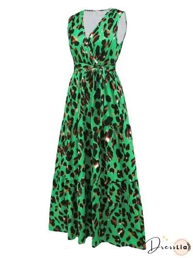 Tied Printed Surplice Tiered Tank Dress