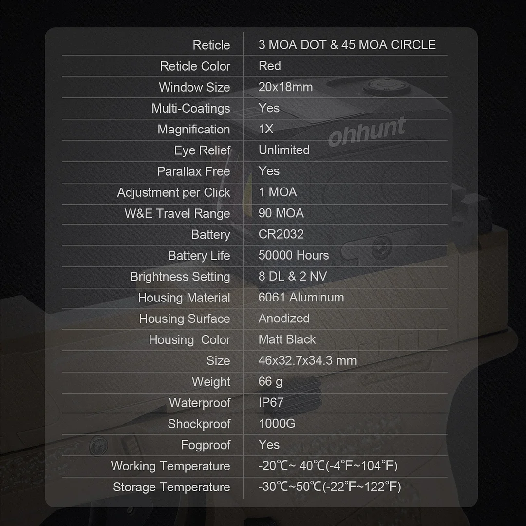 ohhunt® 1x18x20 Enclosed Red Dot Sight Shake Awake Red Dot Multi-reticle System Solar Failsafe with 507C and Doctor Adapter Plates