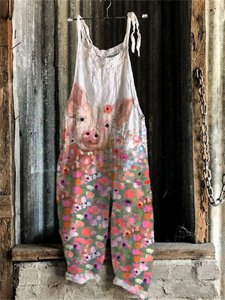 Women's Cute Print Linen Blend Casual Jumpsuit