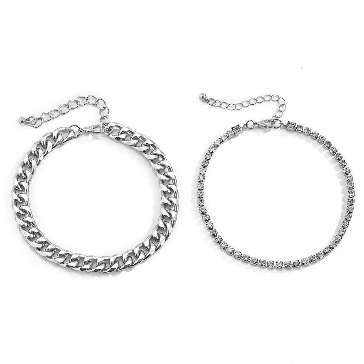 Hip Hop Trendy Metal Punk Geometric Double Layer Thick Chain Set Bracelet Anklet-vocosishoes