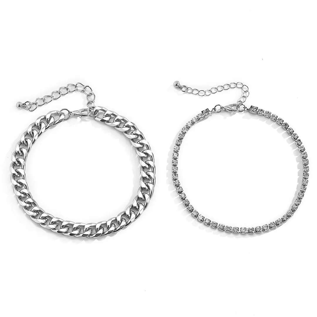 Hip Hop Trendy Metal Punk Geometric Double Layer Thick Chain Set Bracelet Anklet-vocosishoes