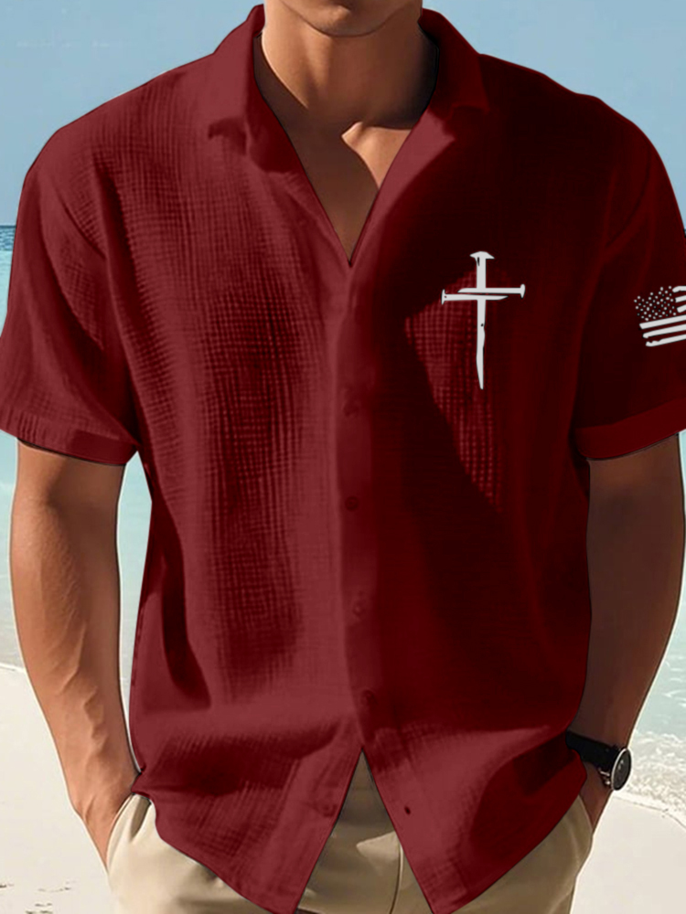  Men's Faith Cross Print Short Sleeve Linen Shirt Westsshops