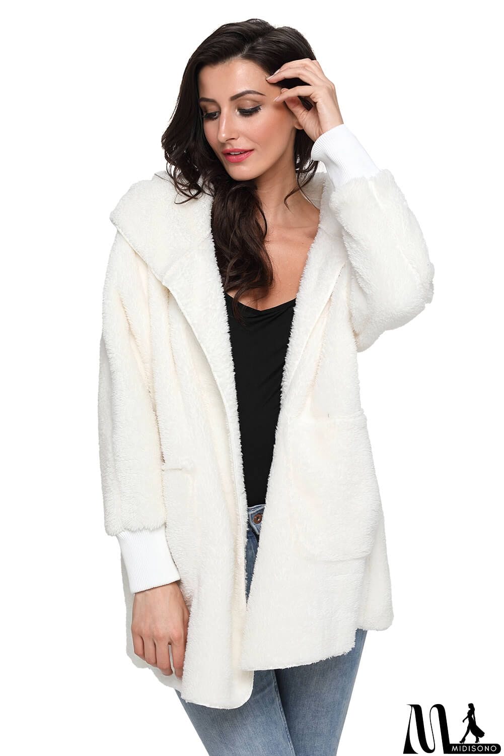 MidiSono - Off White Hooded Open Front Soft Fleece Coat