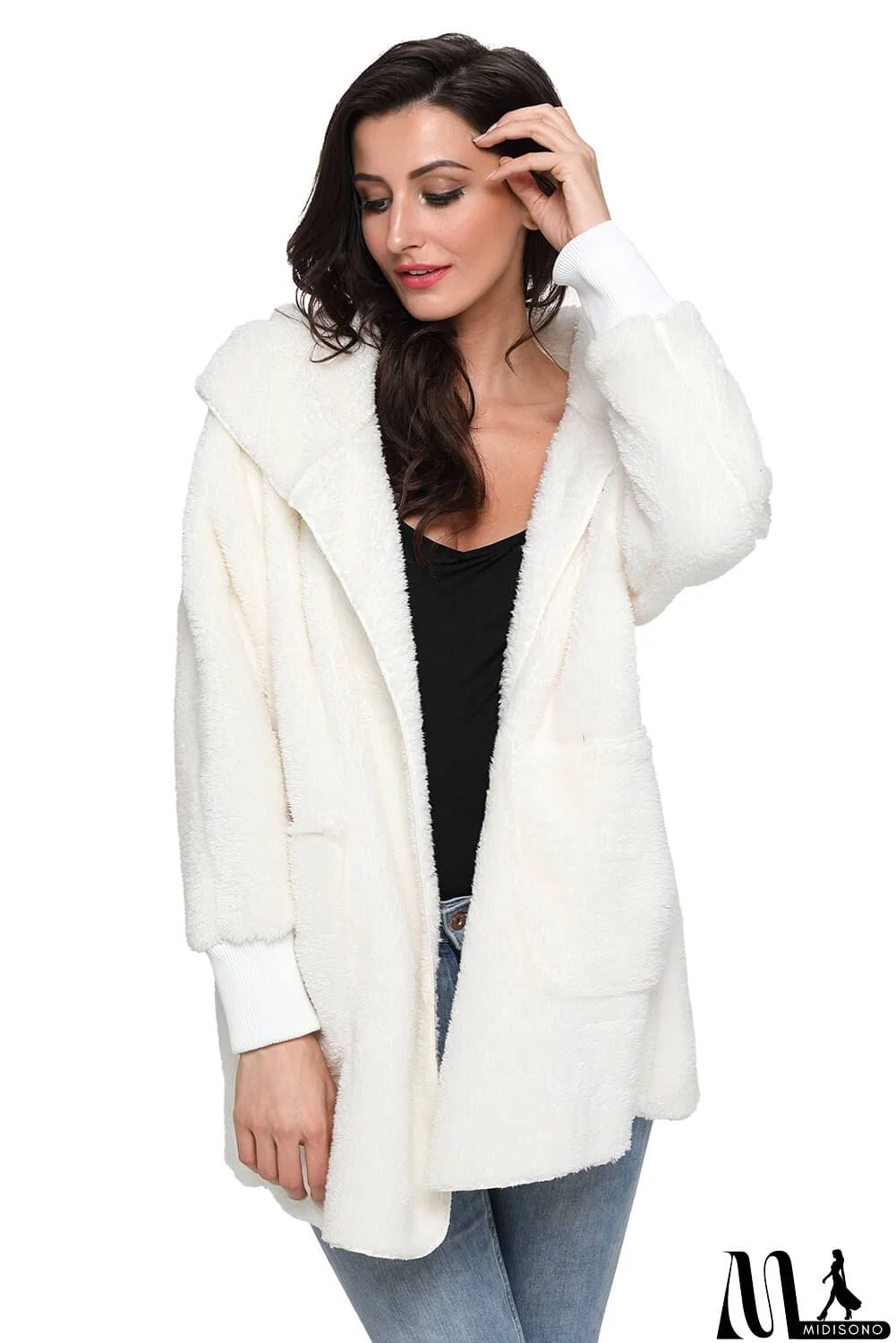 MidiSono - Off White Hooded Open Front Soft Fleece Coat