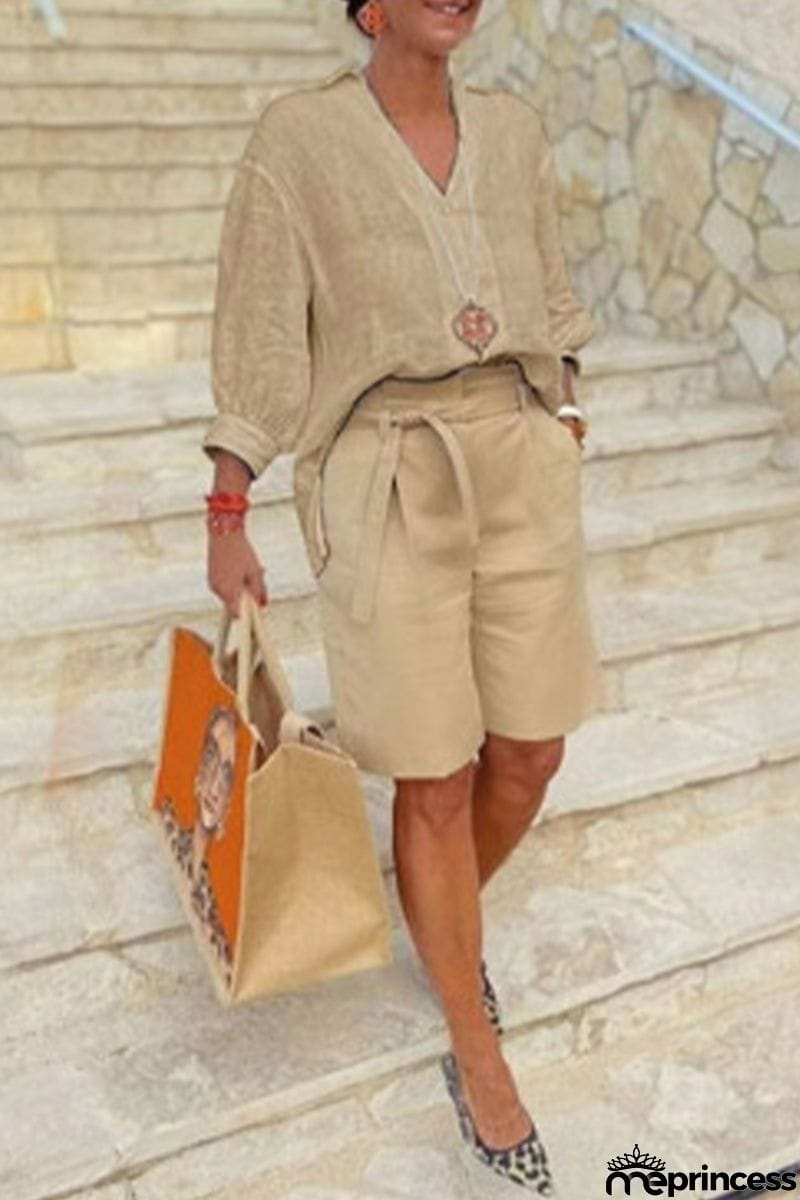 Casual Simplicity Solid Pocket V Neck Long Sleeve Two Pieces