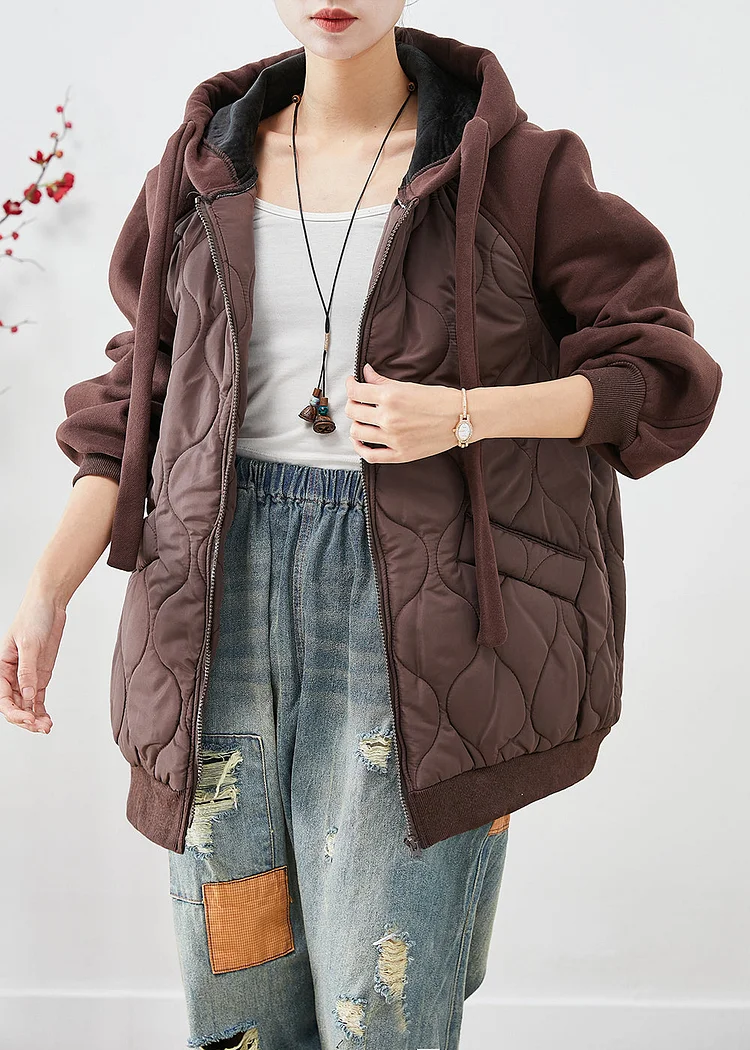 Brown Patchwork Fine Cotton Filled Puffer Jacket Hooded Oversized Winter