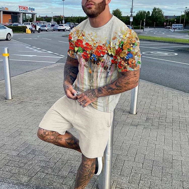BrosWear Colorful Flower Oil Painting Short Sleeve T-Shirt And Short Co-Ord