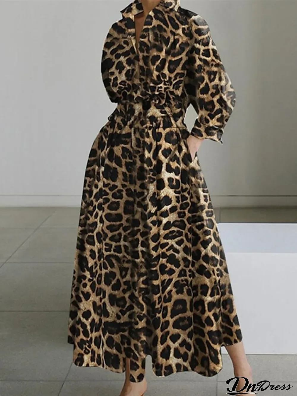 Women's Shirt Dress Swing Dress Maxi long Dress Outdoor Winter Dress Daily Polyester Modern Formal Shirt Collar Ruched Pocket Long Sleeve Summer Spring Fall Regular Fit Brown Khaki Gray Leopard