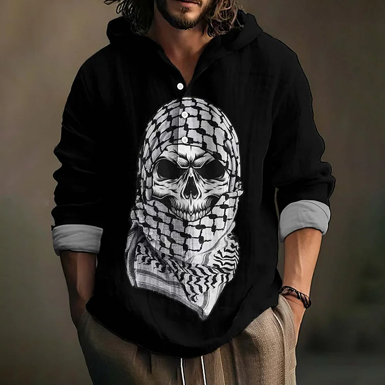 Free Palestine Arabic Skull Shemagh Palestinian Freedom Kufiya Print Linen Hooded Shirt