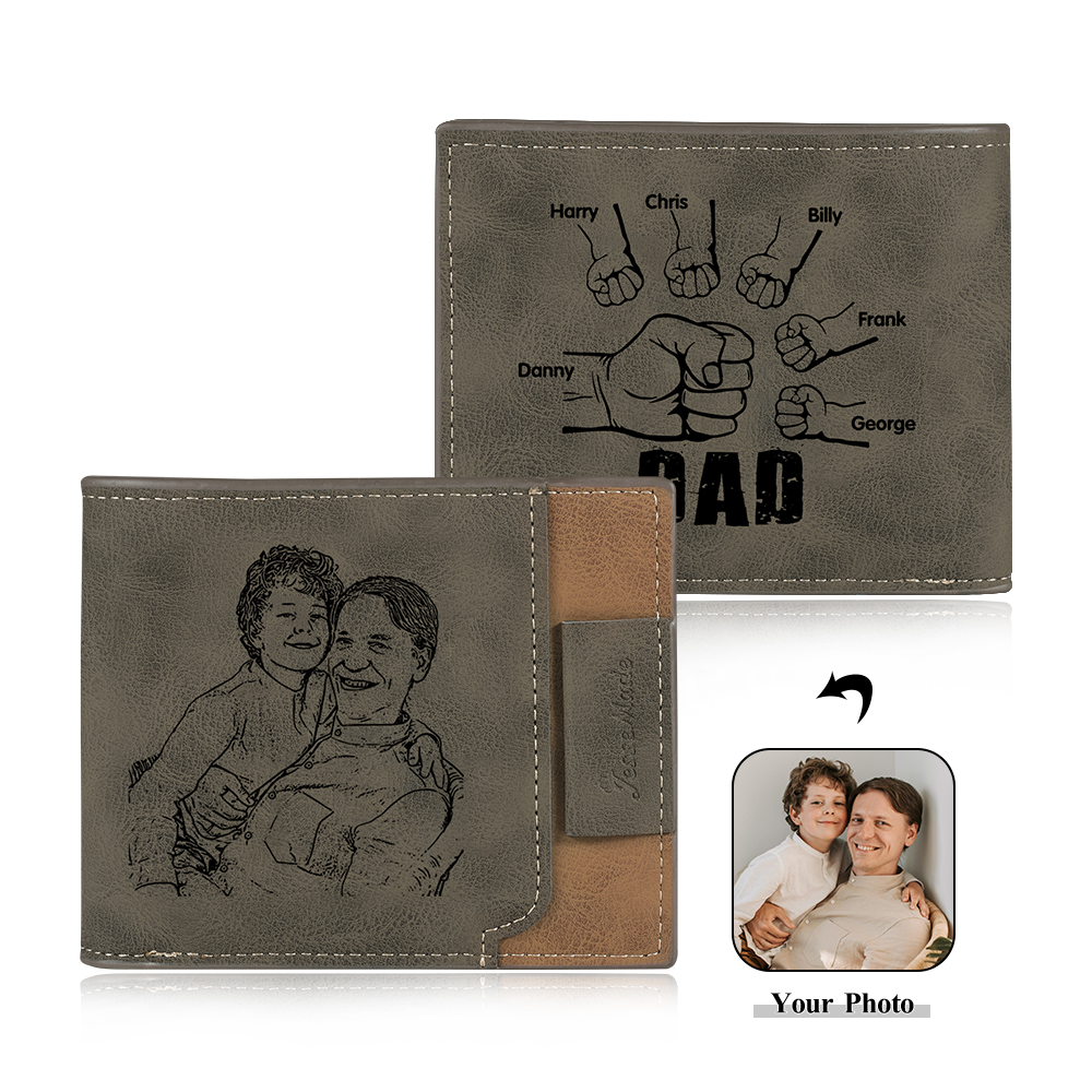 6 Names - Personalised Photo Custom Leather Men's Wallet as a Father's Day Gift for Dad