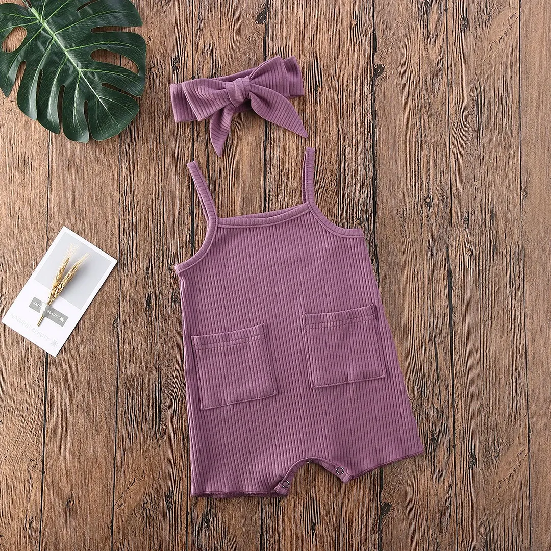 2020 Baby Summer Clothing Infant Newborn Baby Girls Boys Sleeveless Romper Ribbed Solid Pocket Jumpsuit With Headband