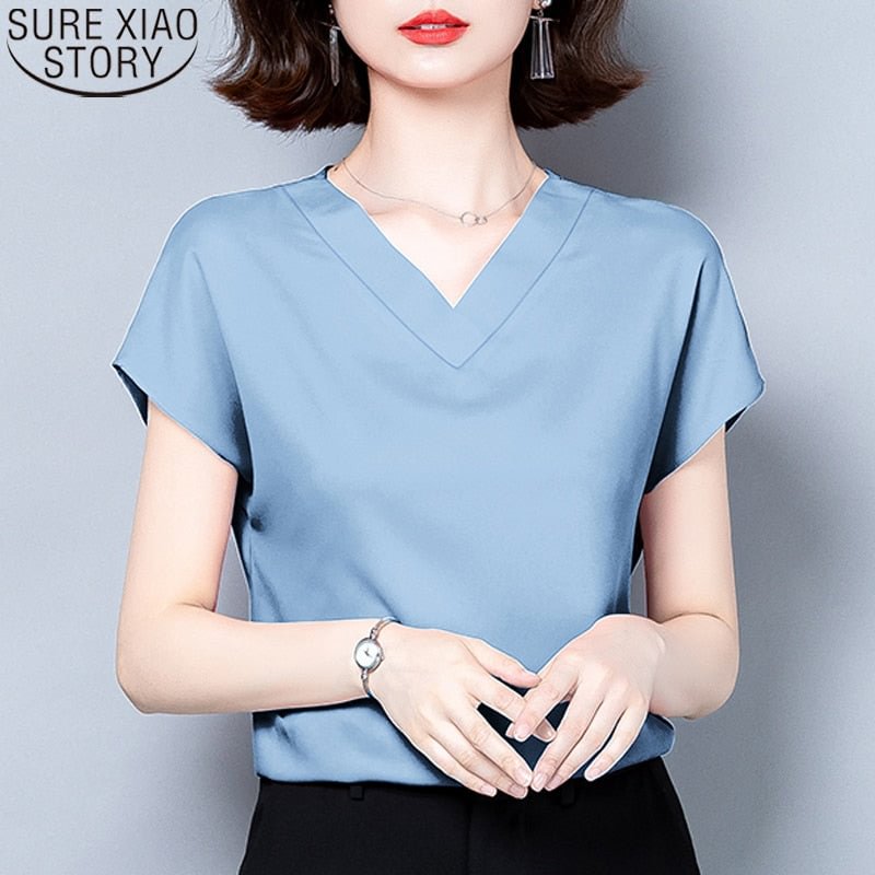 Office Lady Solid V-neck Blouse Women Summer 2022 Short Sleeve Casual Silk Satin Shirts Casual M-4XL Loose Tops Clothes 10297
