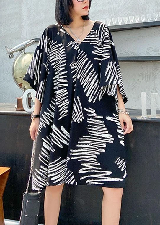 Stylish Black Print V Neck Summer Vacation Dress