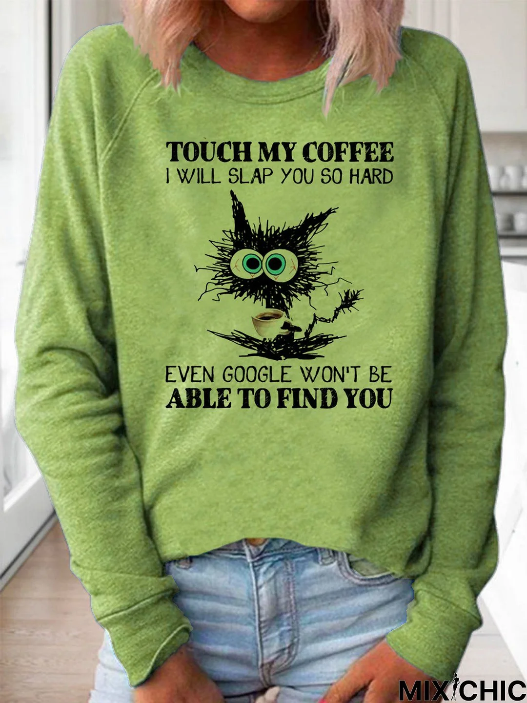 Women Funny Coffee Black Cat Casual Sweatshirt