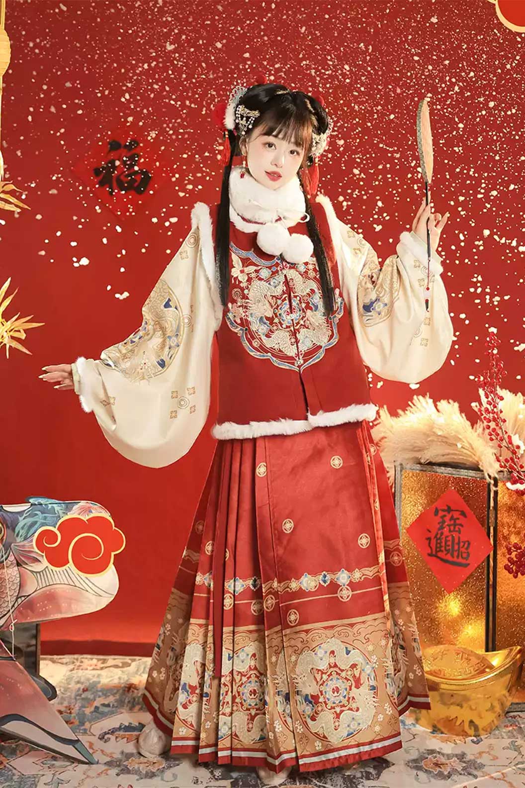 Ming Dynasty Red Hanfu Dress with Embroidered Ma Mian Qun For Chinese Style - xiaoshenlong 小神龙 Stupa Stones