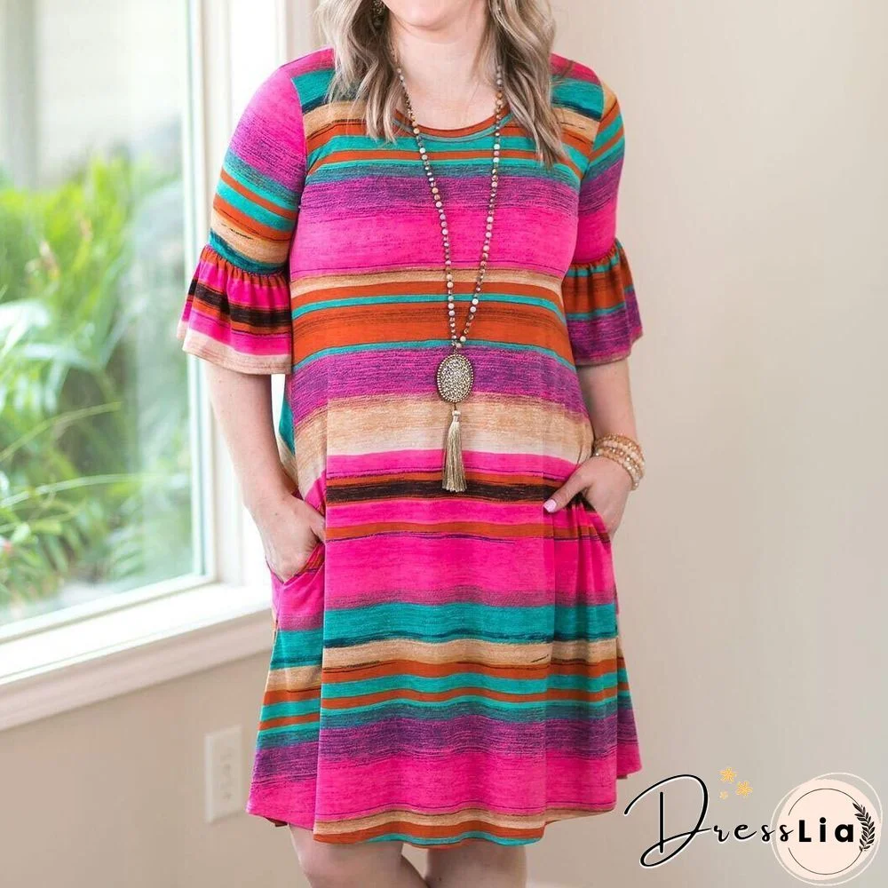 Color Stripe Women Rose-Red Long Sleeve Dress