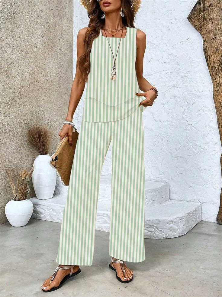 Women's Sleeveless Square Collar Striped Graphic Printed Casual Set