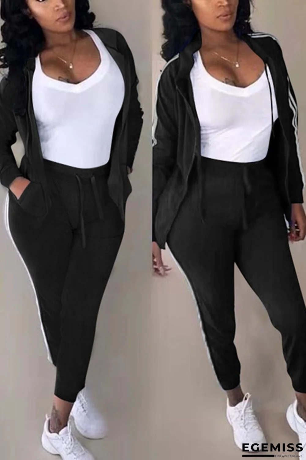 Black Casual Two Piece Suits Solid Straight Long Sleeve | EGEMISS