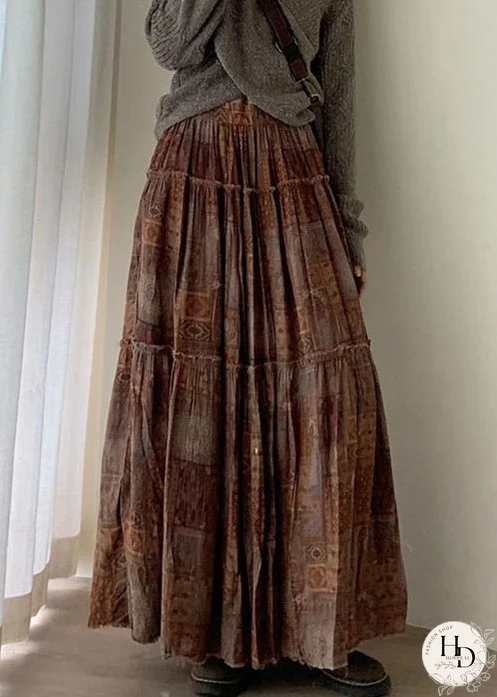 New Coffee Print Wrinkled High Waist Cotton Skirts Spring