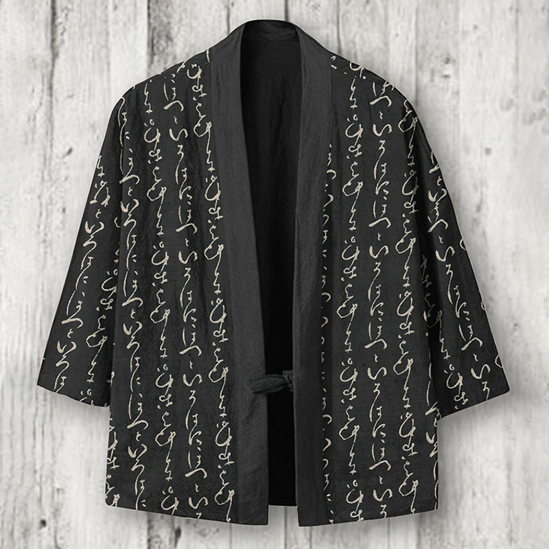 menweary Japanese Calligraphy Print Linen Blend Kimono Cardigan