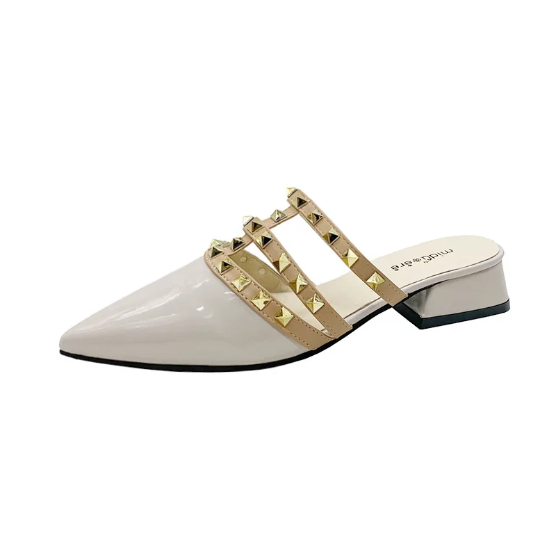 Breakj Breakj Rivet Cool Slippers Women Wear Flat-Bottomed Summer Shoal Sharp Leather Tip Half Slippers