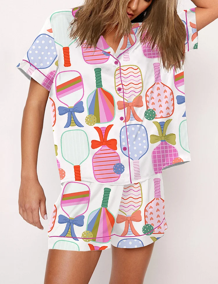 Women&rsquo;s Preppy Pickle Paddle Pickleball Short Sleeve Satin Pajama Set
