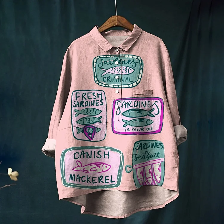Women's Canned Sardines Print Casual Cotton And Linen Shirt