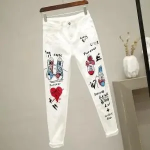 plus Size Women White Denim Jeans Cartoon Graffiti Flowers Print Stretched Hallen Jeans Pencil Pants Autumn Skinny Jeans LU1271