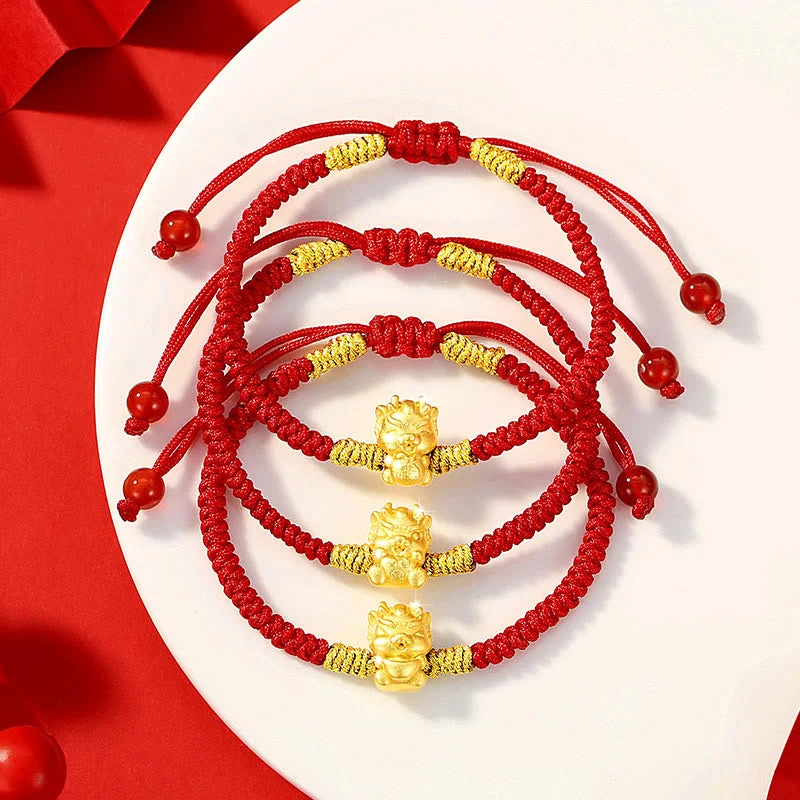 999 Sterling Silver Year of the Dragon Copper Coin Fortune Dragon Fu Character Luck Handcrafted Red String Braided Bracelet