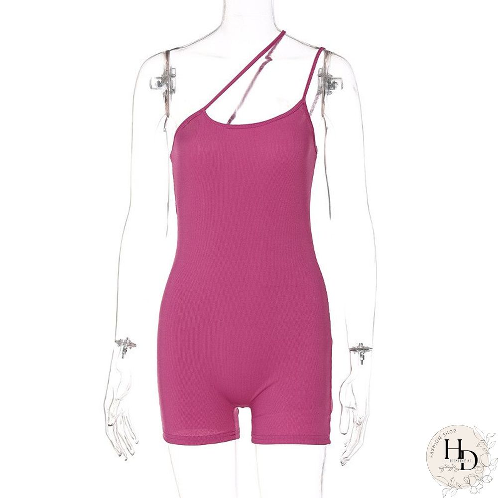 New Summer Fashion Solid Color Slim Fit Sloping Shoulder Open Back Jumpsuit Overalls Women
