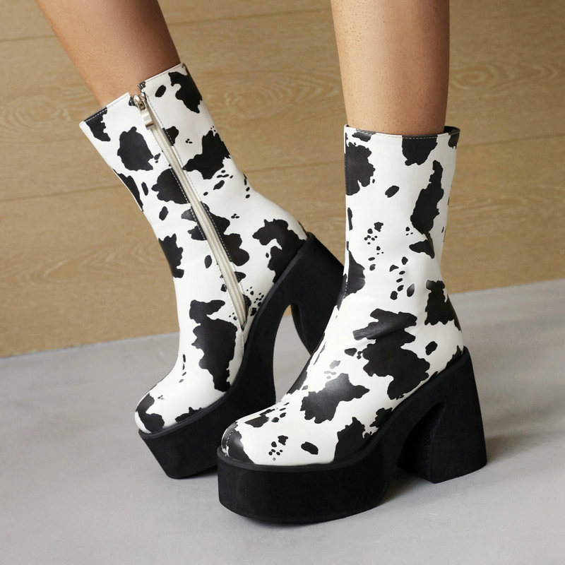 Zebra Cow Print Slip-On Platform Boots