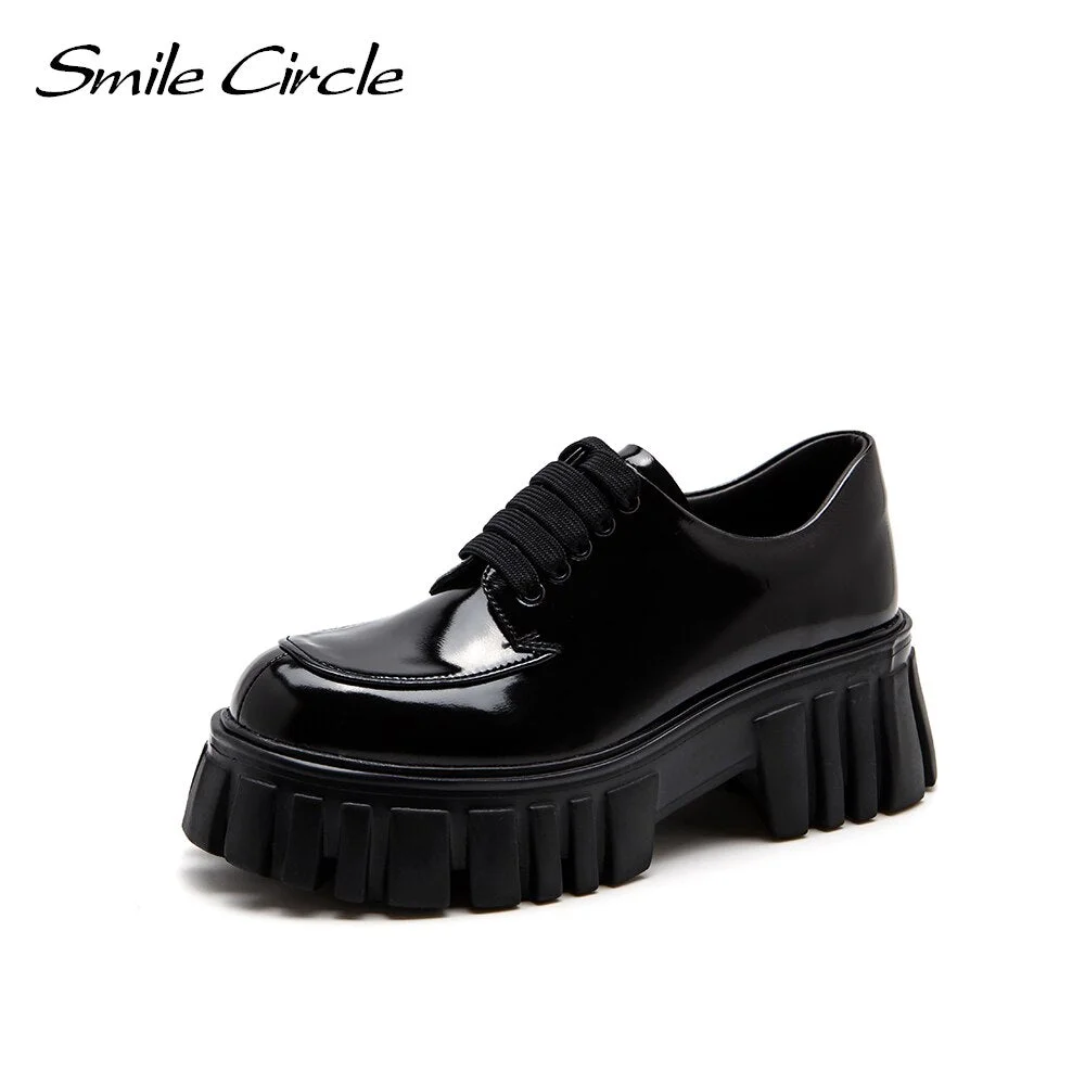 Smile Circle Genuine leather Chunky Shoes Women Fashion Lace-up Platform Shoes Spring Thick bottom Round Toe casual Loafers Shoe