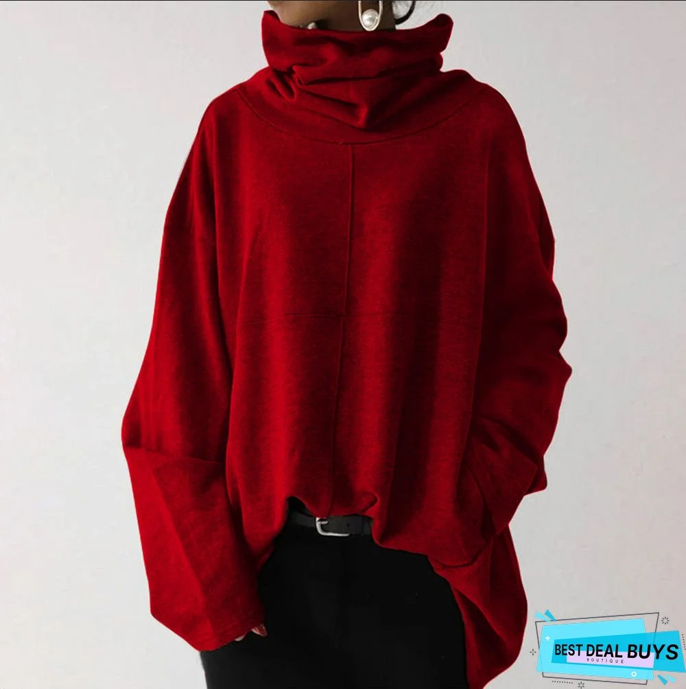 Women's Loose Urban Leisure Casual Long Sleeves Turtleneck Pullover Solid Color Pocket Coat