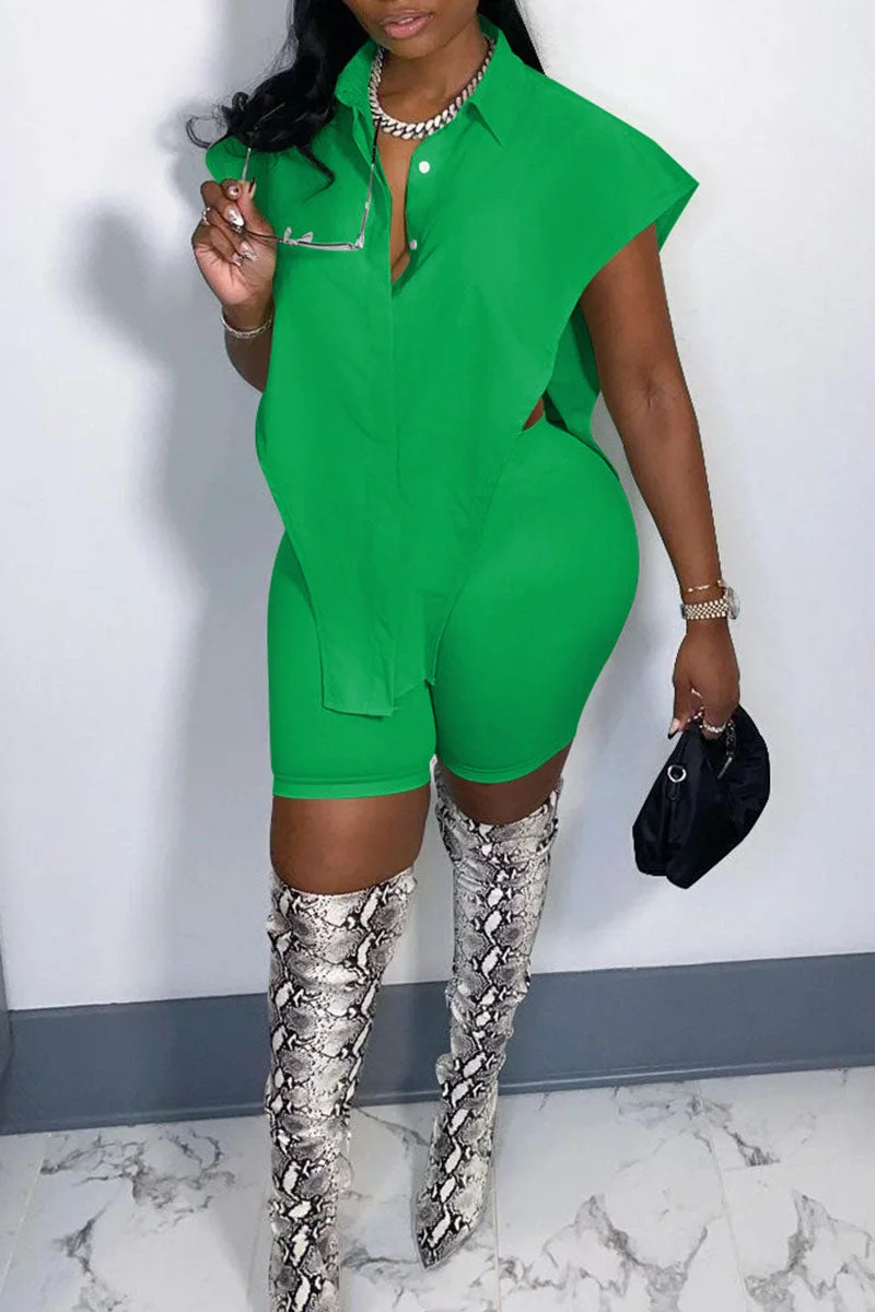 Sexy Street Solid Split Joint Buckle Asymmetrical Turndown Collar Sleeveless Two Pieces