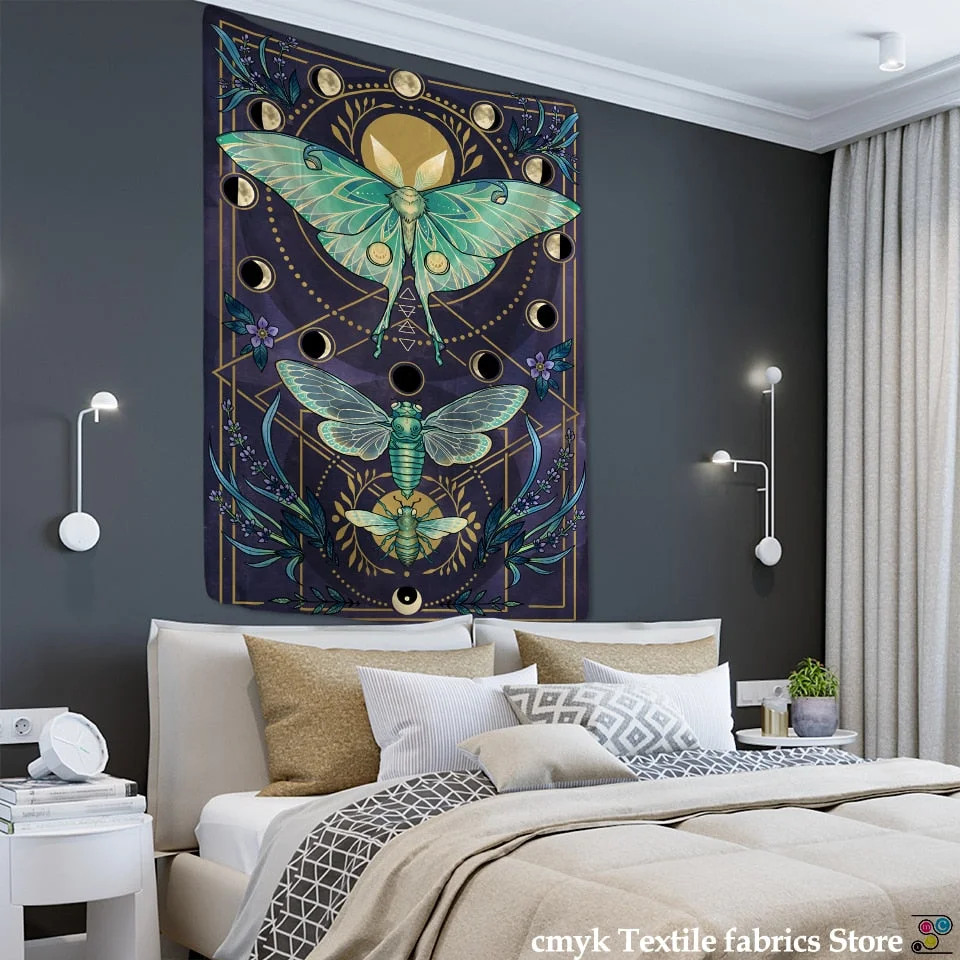 Moon Phase Butterfly Tapestry Wall Hanging Psychedelic Mysterious Witchcraft Bohemian Style Aesthetics Room Home Decor