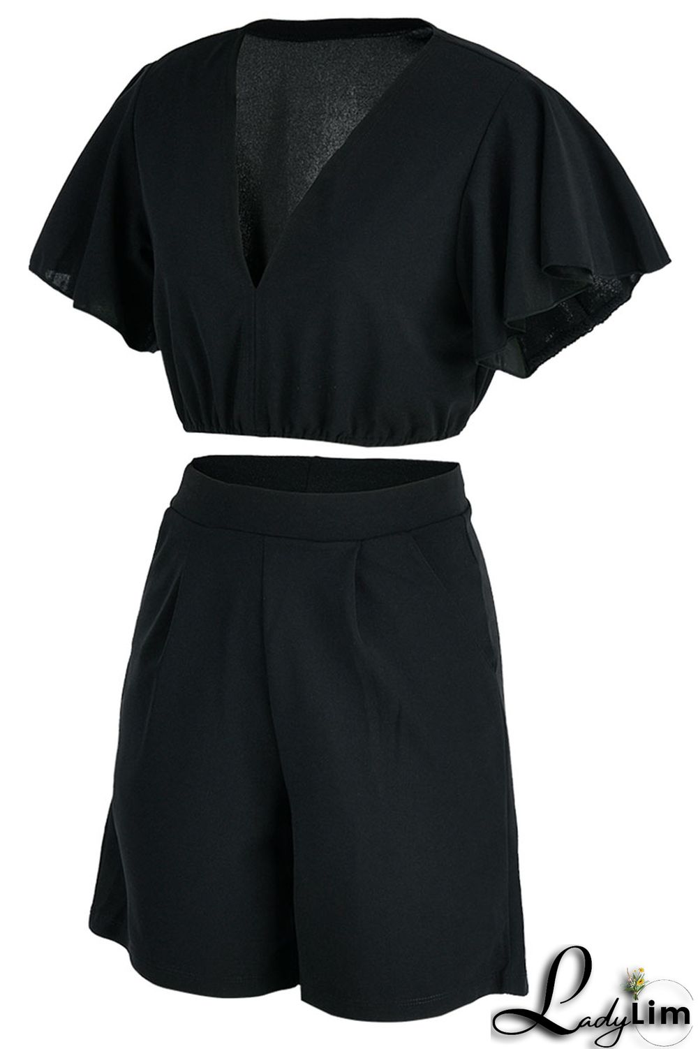 Blue Casual Solid Patchwork Flounce V Neck Short Sleeve Two Pieces
