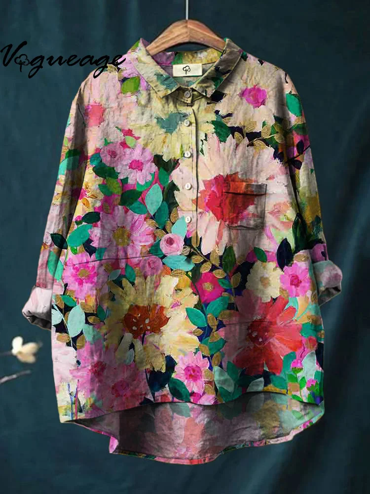 Oil Painting Flowers Leaves And Plants Printed Cotton And Linen Shirt