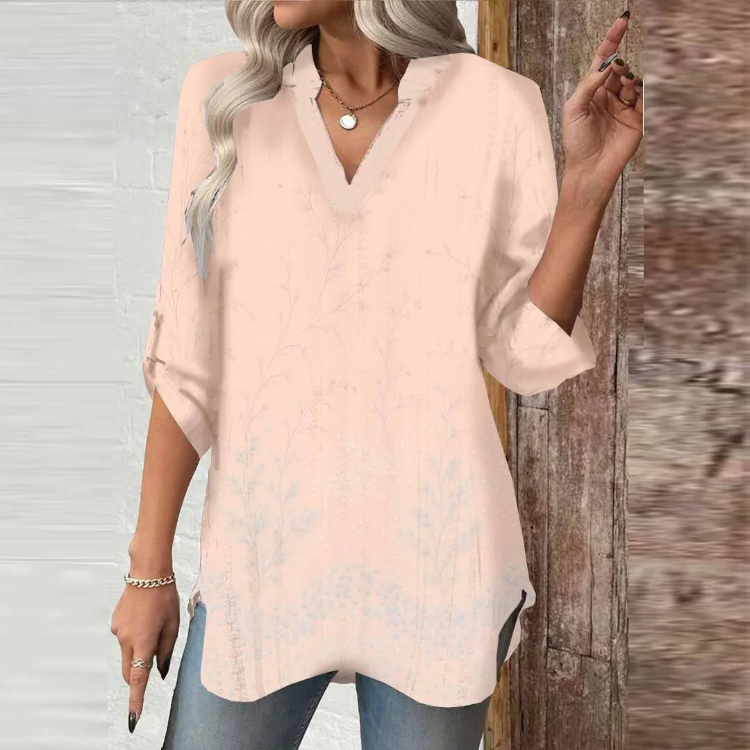 Women Apricot, Floral, Blue DZGA0520 3/4 Sleeve V-neck Printed Graphic Button Tops
