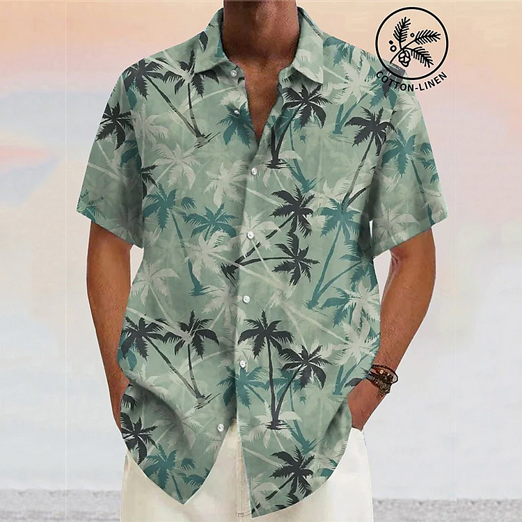 Men's Tropical Plant Pattern Turndown Collar Short Sleeve Shirt