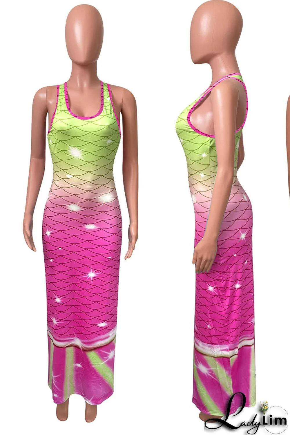 Tangerine Red Casual Print Split Joint U Neck Vest Dress Dresses