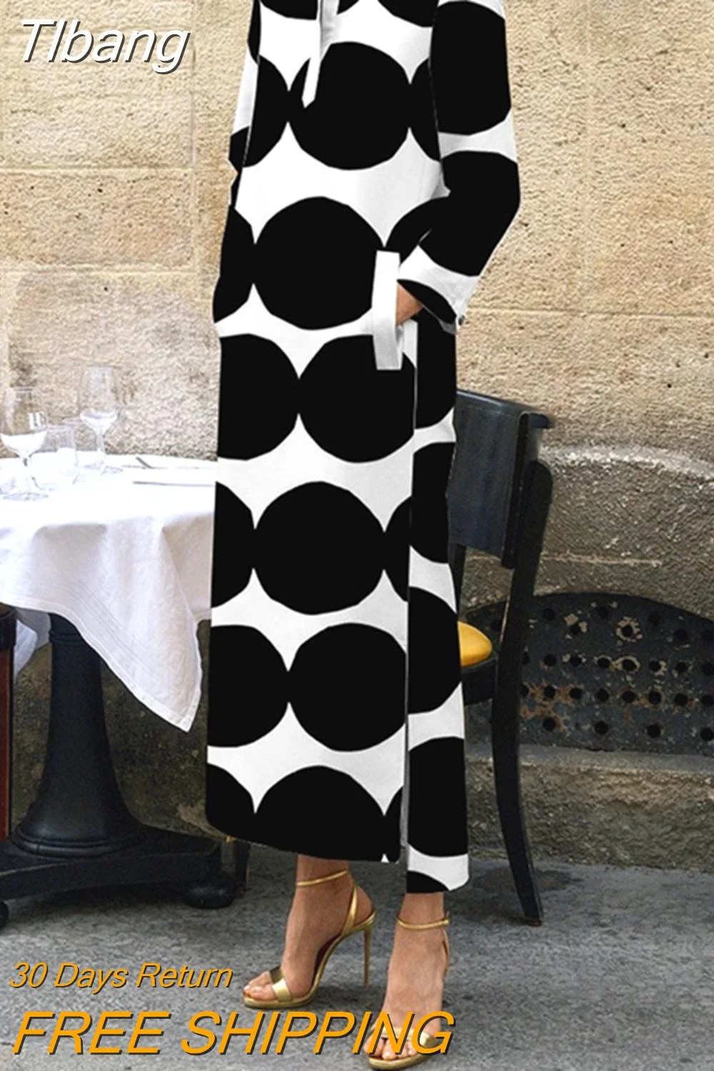 Tlbang Female Stylish Selection Polka-Dot Split-Side Stand Collar Long Dress 2023 Spring Autumn Long Sleeves Party Maxi Dresses