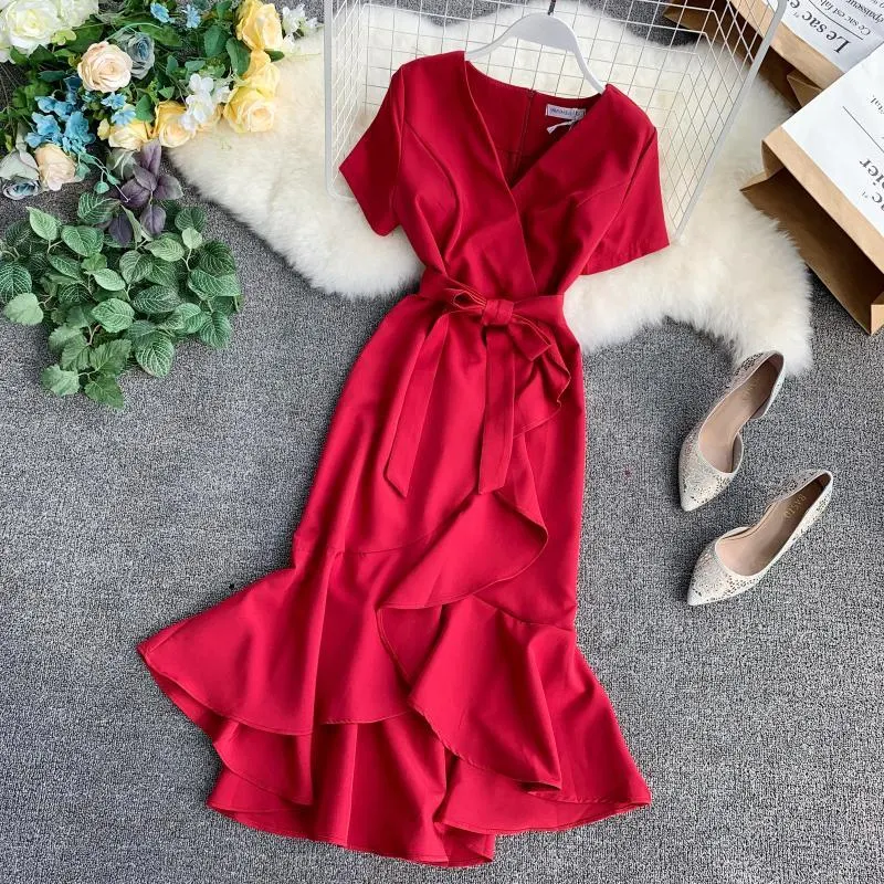 V Neck Ruffled Hem Wrap Dress