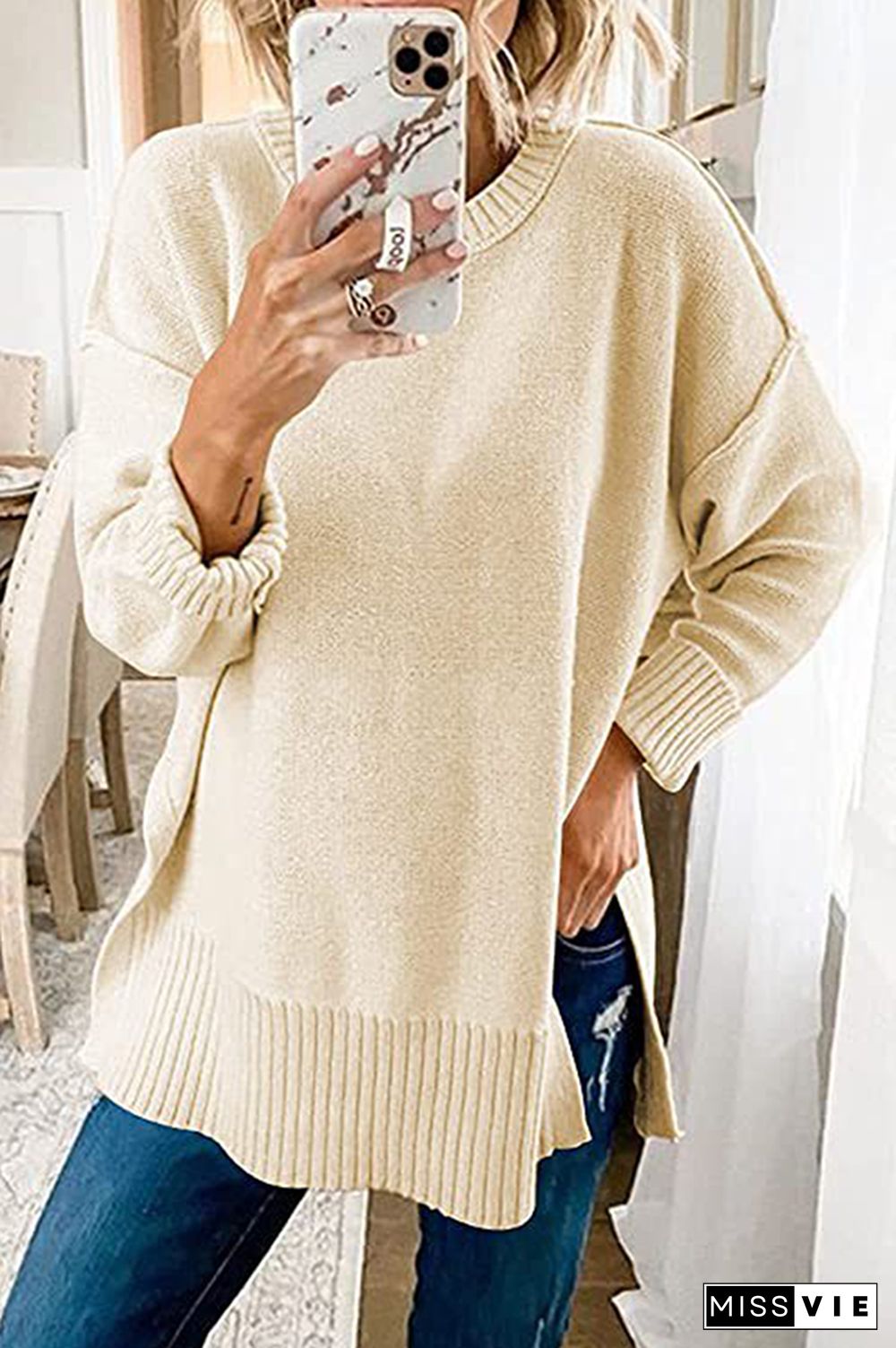 Casual Solid Patchwork Slit O Neck Tops Sweater