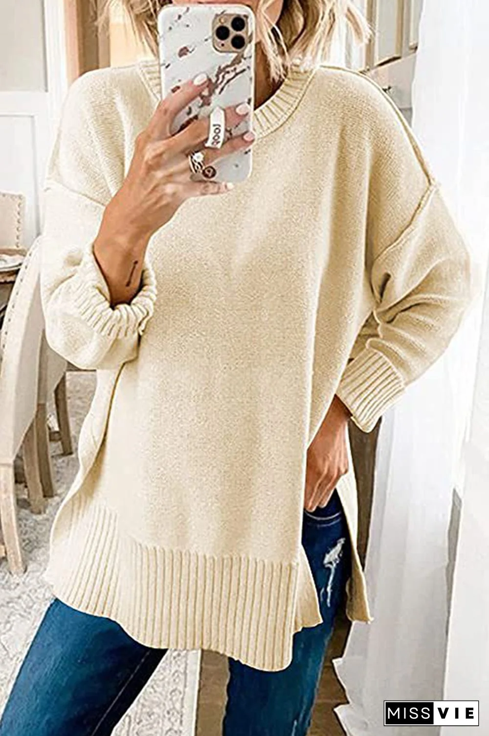 Casual Solid Patchwork Slit O Neck Tops Sweater