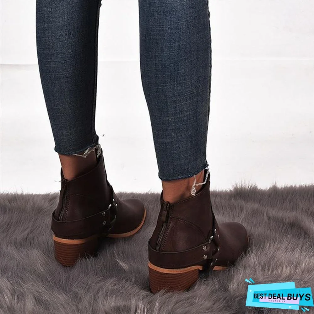 Women Boots Vintage Leather High Heels Shoes Bota Woman Autumn Short Boot Winter Buckle Daily Ankle Boots